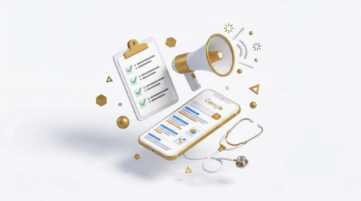 Praxismarketing für Arztpraxen – isometrische 3D-Illustration mit Marketing-Elementen und medizinischem Kontext