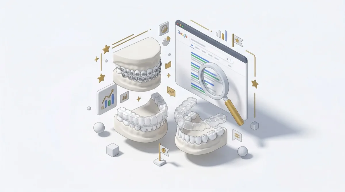 SEO für Kieferorthopäden – isometrische 3D-Illustration mit Zahnspange und digitalem Interface