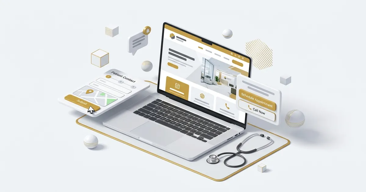 Website für Arztpraxis – isometrische 3D-Illustration mit Praxis-Schreibtisch und digitalem Interface